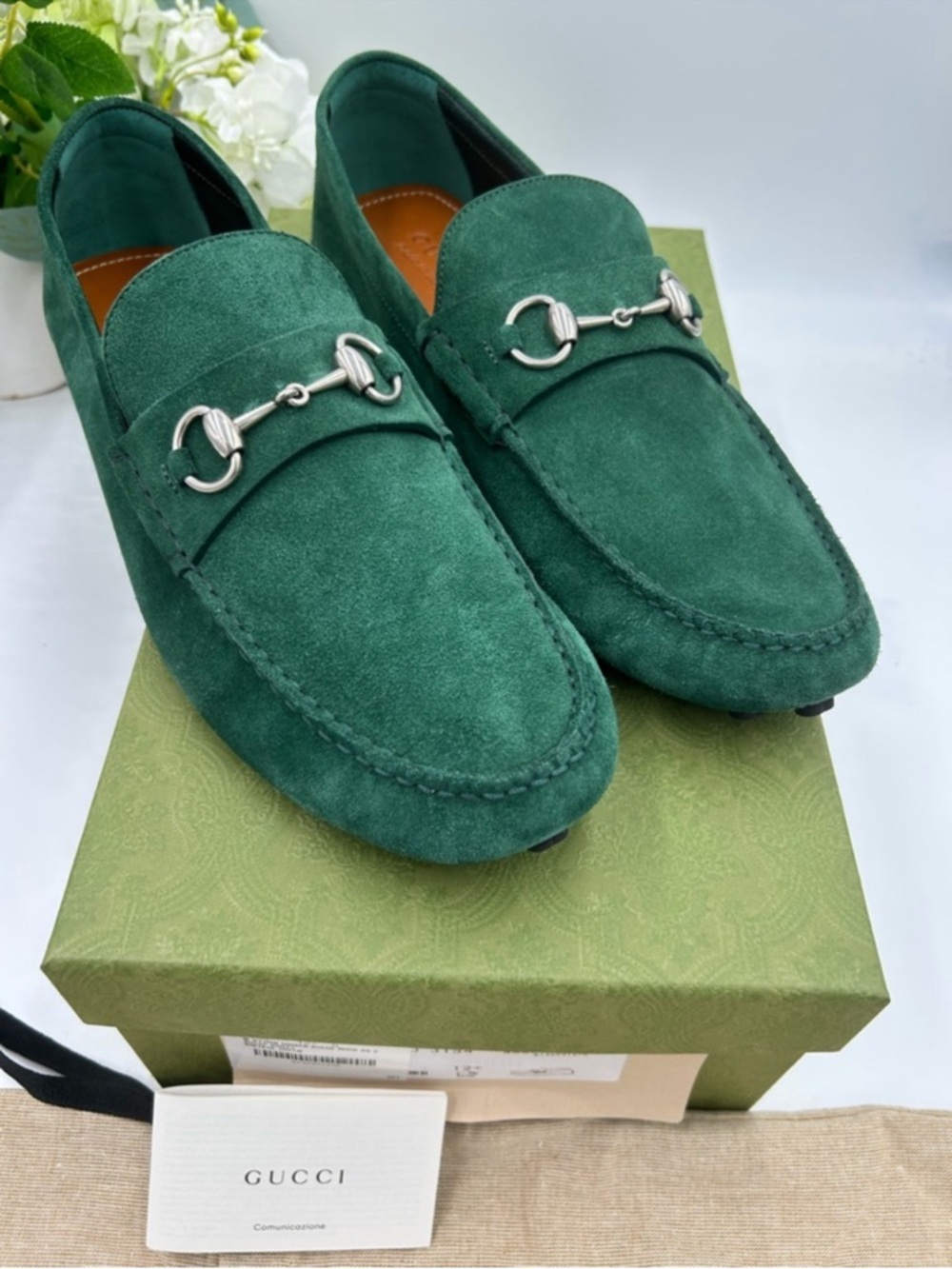 Men’s Gucci emerald green horse bit driver loafer size 12.5 fits 13 US